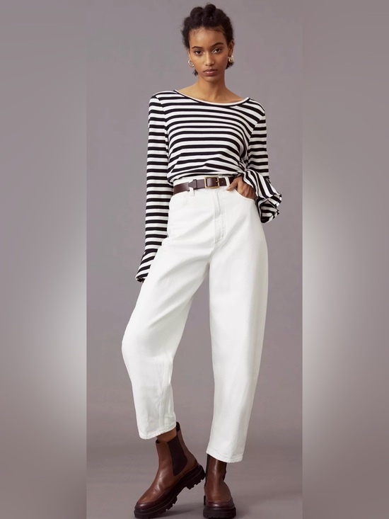 Maeve Tops - Maeve for Anthropologie Black & White Striped Knit Top – Bell Sleeve | Size XS